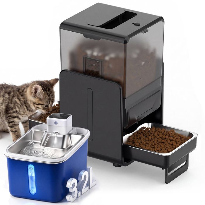 Advwin 5L Smart Automatic Pet Feeder 2 Bowl + 3.2L Wireless Pet Water Fountain Stainless Steel with 3 Pack Filter