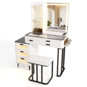 Costway Dressing Table Stool Set Glass Tabletop Makeup Vanity Desk 6 Drawers