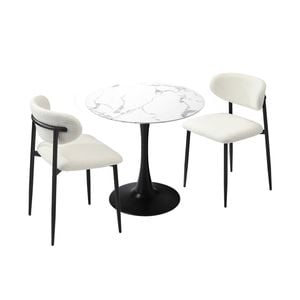Oikiture 60cm Round Dining Table with 2x Dining Chairs Boucle White&Black