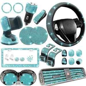 Catzon 27pcs Bling Car Accessories Set Universal Fit 15in Steering Wheel Covers-lakeblue