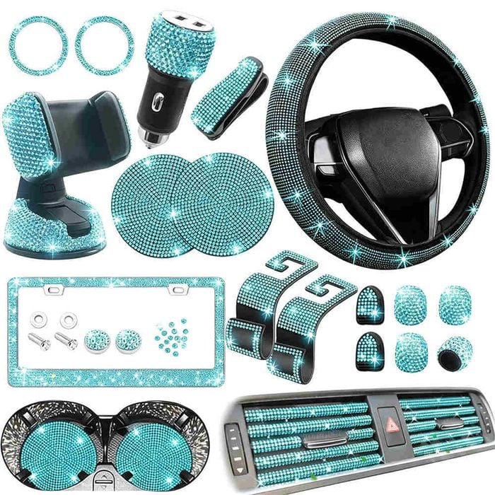Catzon 27pcs Bling Car Accessories Set Universal Fit 15in Steering Wheel Covers-lakeblue