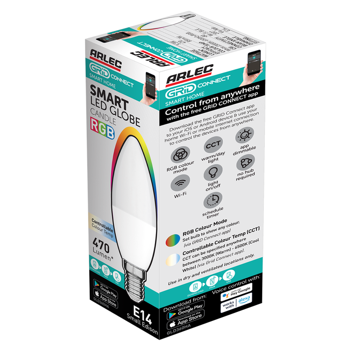 Arlec E14 LED 470lm CCT Grid Connect Smart Candle 5.5W Globe