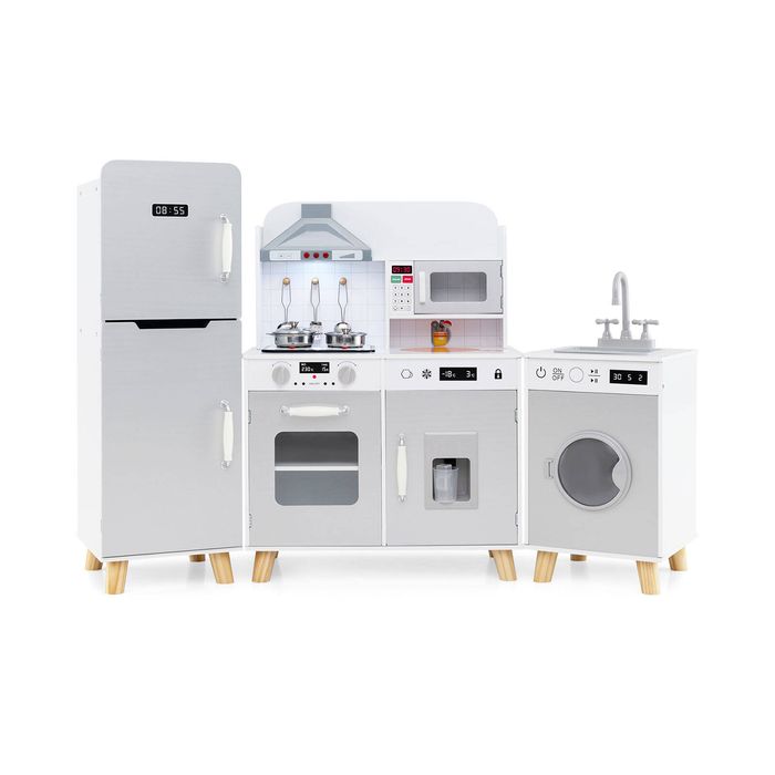 Costway 3-in-1 Kids Kitchen Playset Corner Pretend Play Kitchen Grey