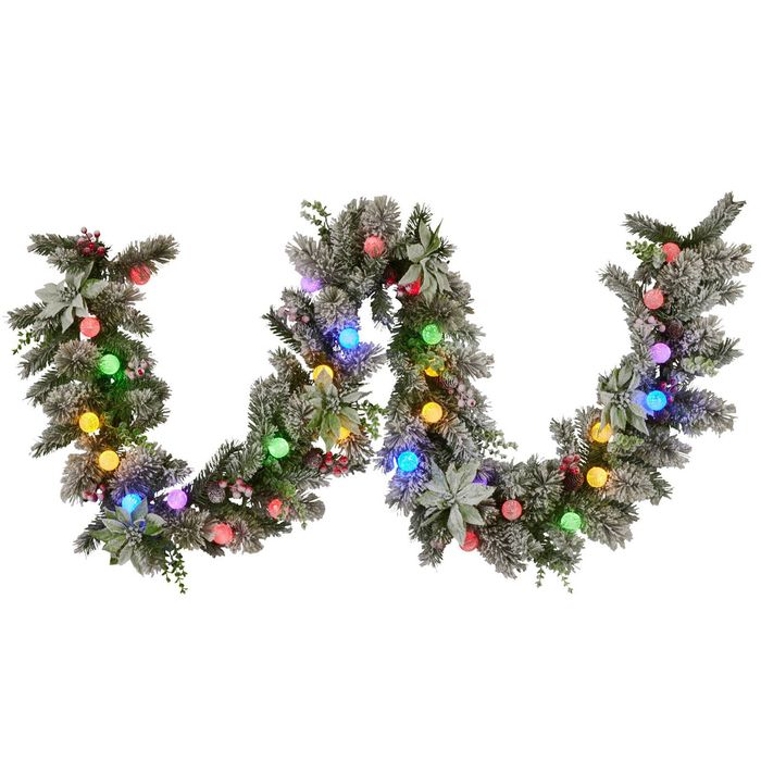 Christabelle 2.7m Snowy Christmas Garland with LED Coloured Baubles Lights Tree Decoration Ornament