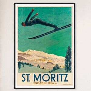 Galrie Vintage Aerial Ski Poster of St. Moritz in Engadin, Switzerland Artwork, Black Frame, A4 21 x 30cm (8 x 12inch)