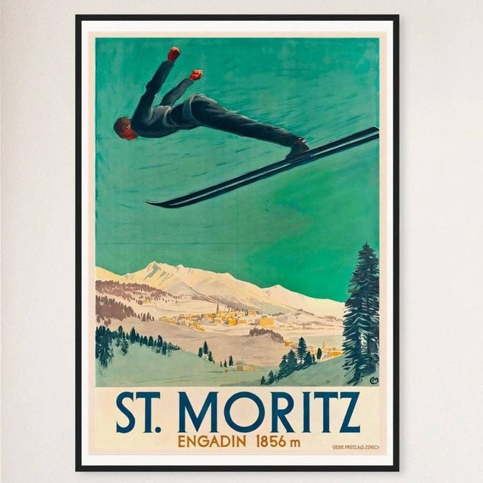 Galrie Vintage Aerial Ski Poster of St. Moritz in Engadin, Switzerland Artwork, Black Frame, A4 21 x 30cm (8 x 12inch)