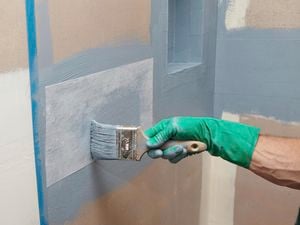 A person painting the walls in a bathroom
