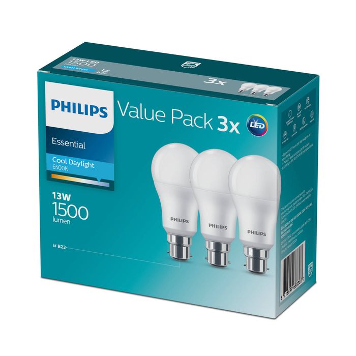 Philips A60 B22 LED 1500Lm Cool Daylight 13W Globe - 3 Pack