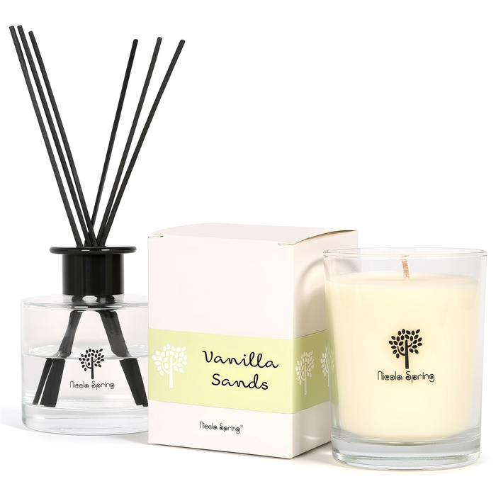 Nicola Spring Soy Wax Scented Candle & Reed Diffuser Set - Vanilla Sands - 160g Candle 28 Hour Burn & 200ml Diffuser