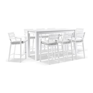 Santorini Outdoor Aluminium 2m Bar Table White With 8 Stools & Textured Grey Cushions
