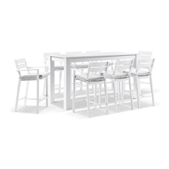 Santorini Outdoor Aluminium 2m Bar Table White With 8 Stools & Textured Grey Cushions