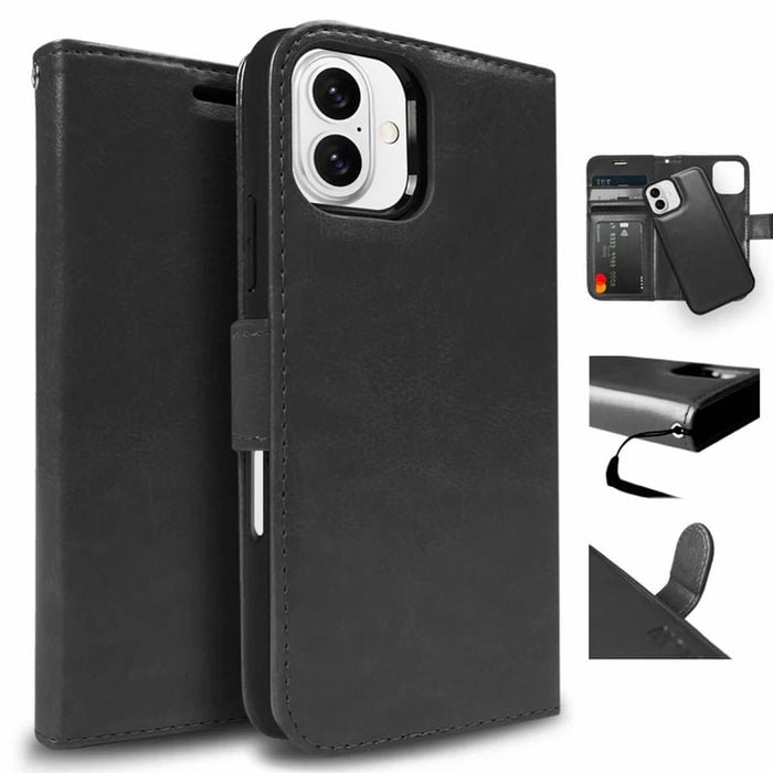 Tough On for Apple iPhone 16 Plus Case Magnetic Detachable Leather Black