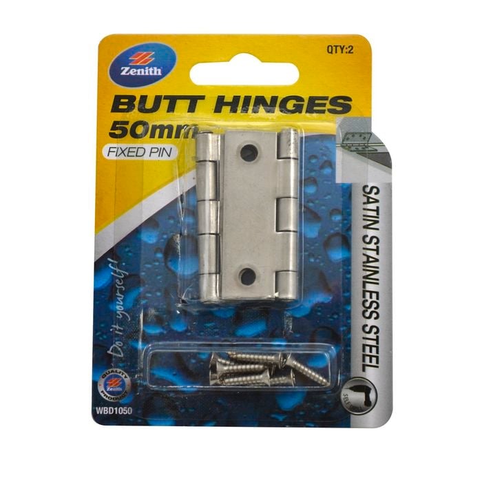 Zenith Butt Hinge Fixed Pin 304 Stainless Steel 50mm 2pk