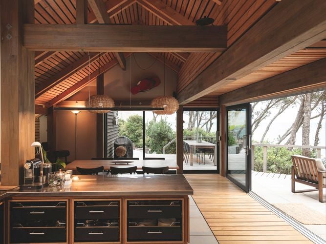 Kitchen with exposed beams and posts