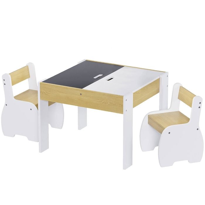 Advwin 4-in-1 Kids Table and 2 Chairs Set Wooden Activity Table Play Desk w/ Blackboard & Storage