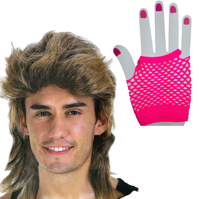 2Pcs Set Golden Blonde Bullet Wig + Fishnet Gloves 70s 80s Wos Costume Party HOTPINK One-Size