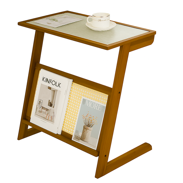 Foret 55cm Bamboo Side Table With Magazine Holder & Glass Slat Top Brown