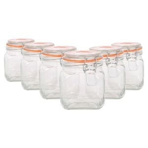 Argon Tableware Square Glass Jars with Clip-Top Lids - 760ml - Pack of 6