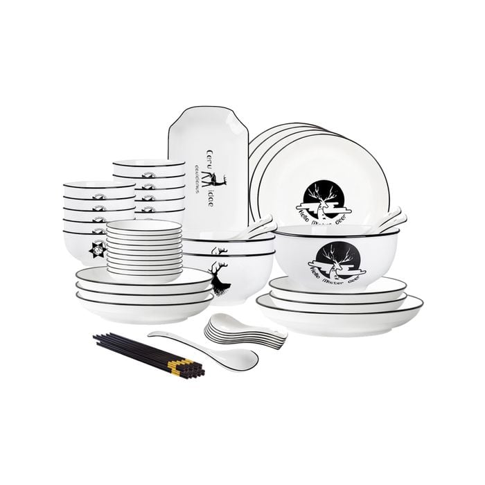 SOGA 34Pcs White Antler Printed Ceramic Dinnerware Set