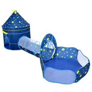 Ufurniture 3-in-1 Kids Play Tent with Ball Pit and Crawling Tunnel Basketball Hoop Foldable Pop-Up Kids Playhouse Blue