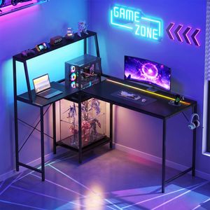 Advwin 135cm LED Gaming Desk w/ Adjustable Recessed Shelf & Power Outlets Carbon Fiber Reversible Computer Desk Black