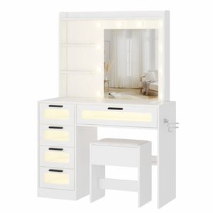 Ufurniture Dressing Table Stool Set 10 LED Bulbs Mirror Vanity Desk with Storage Drawers & Shelves Make up Table White