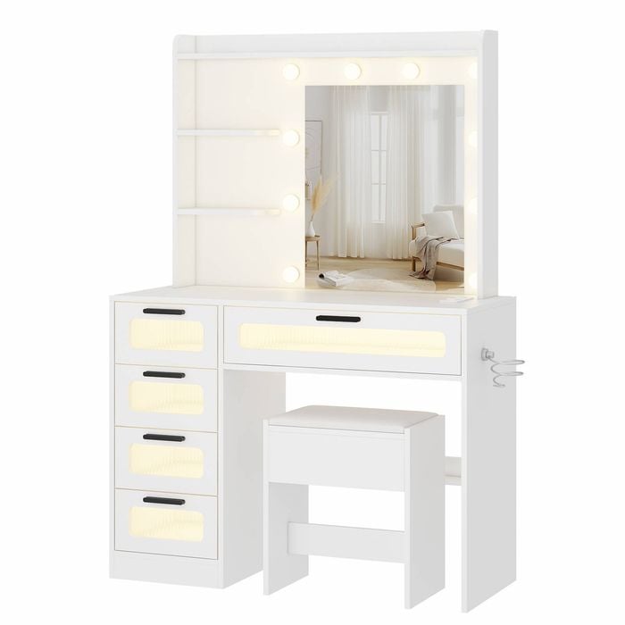 Ufurniture Dressing Table Stool Set 10 LED Bulbs Mirror Vanity Desk with Storage Drawers & Shelves Make up Table White