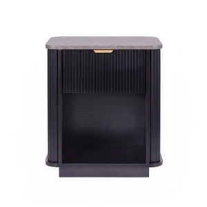 HOMFURN Black Bedside Table with 1 Drawer and Marble Look Top
