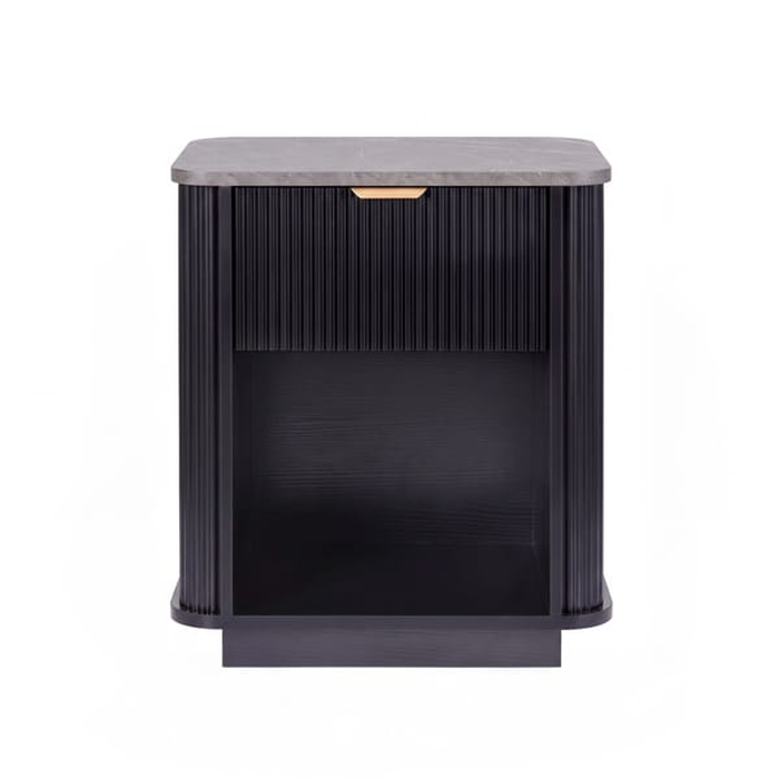 HOMFURN Black Bedside Table with 1 Drawer and Marble Look Top