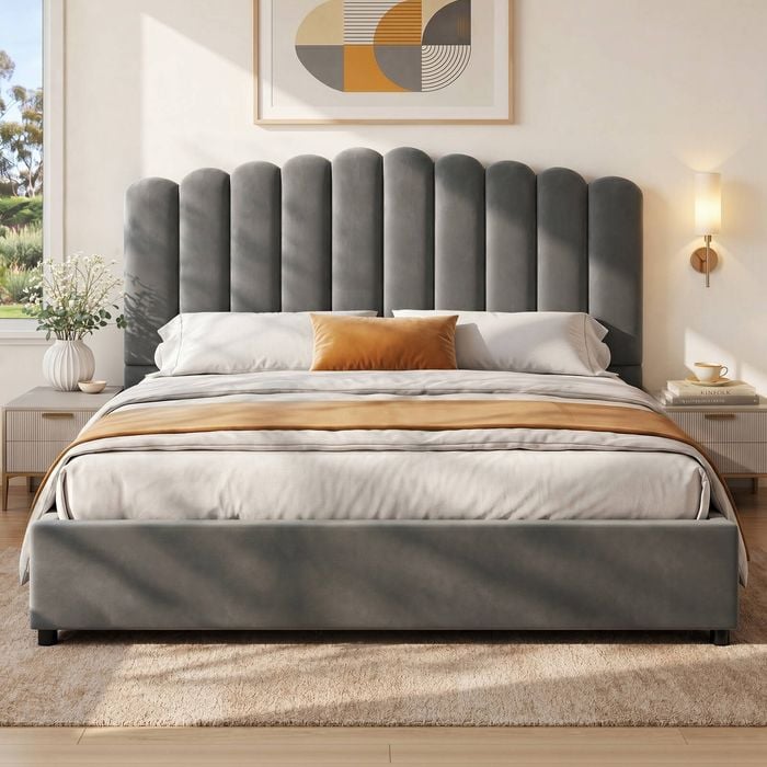 Artiss Bed Frame King Size Velvet Grey Fion
