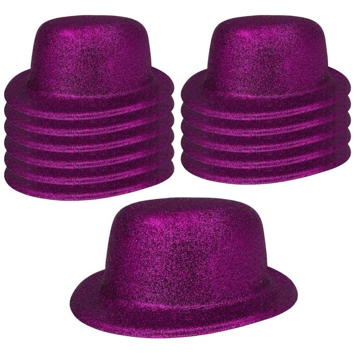 12x GLITTER BOWLER HAT Fancy Party Plastic Costume Cap Fun Dress Up Sparkle BULK Purple