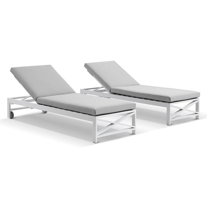 Kansas Outdoor Aluminium Sun Lounge Set On Wheels White & Textured Olefin Grey Cushions