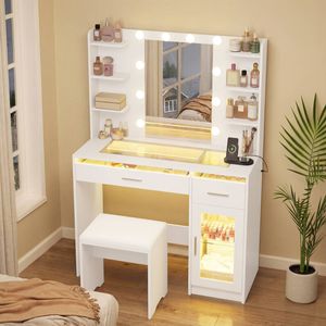 Ufurniture LED Makeup Vanity Table Stool Set Dressing Table with Glass Tabletop and Charging Station White