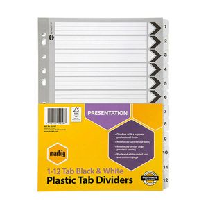 Marbig Manilla Plastic Dividers (Black & White) (1-12 Tab)