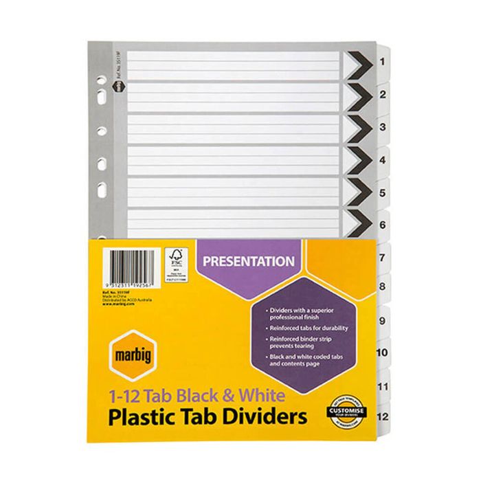 Marbig Manilla Plastic Dividers (Black & White) (1-12 Tab)