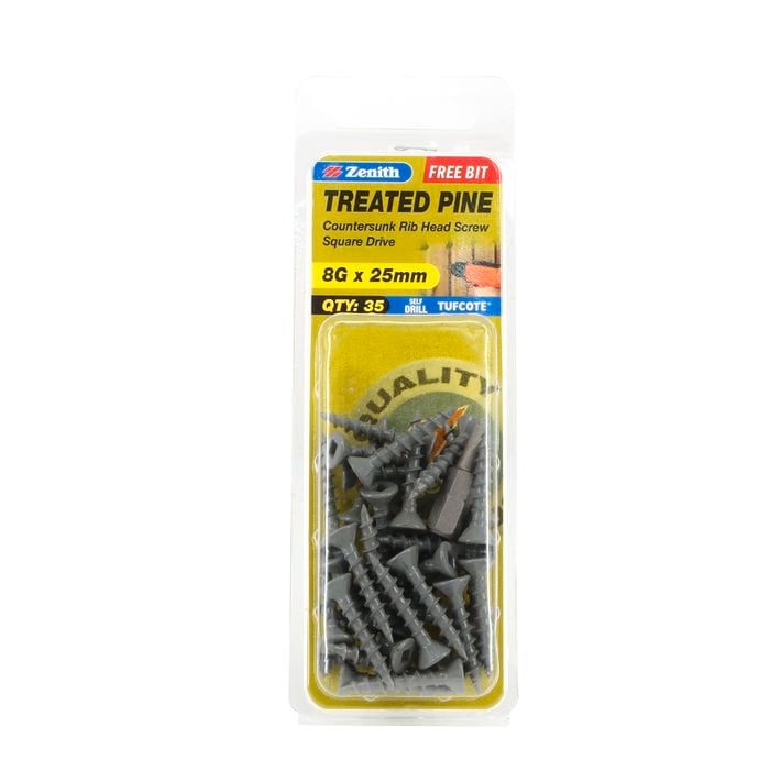 Zenith 8G x 25mm Tufcote® Countersunk Rib Head Treated Pine Screws - 35 Pack