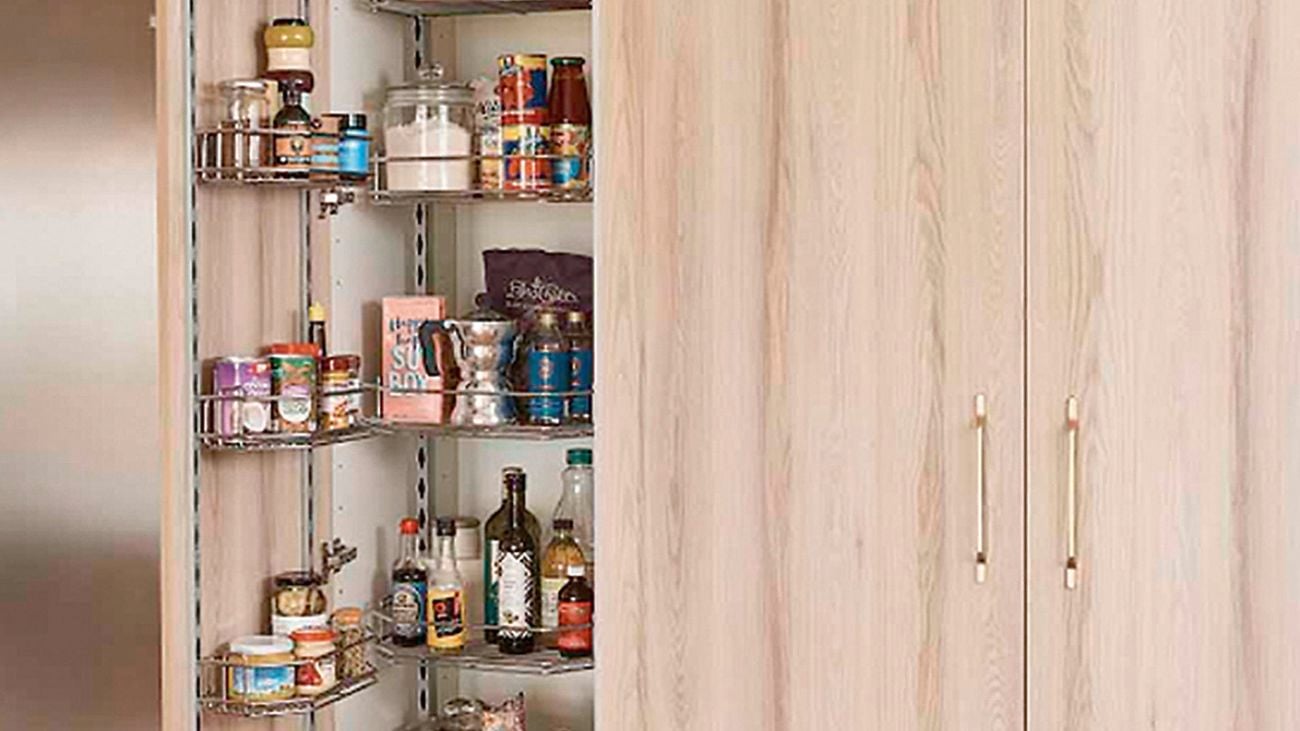 Racks inside pantry for storage and organisation.