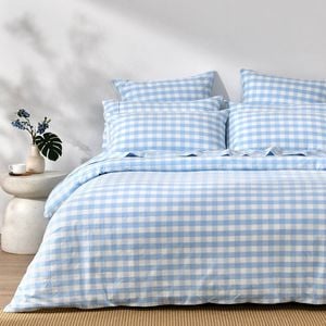 Dreamaker Lola Washed Cotton Yarn Dyed Gingham Quilt Cover Set Sky Single