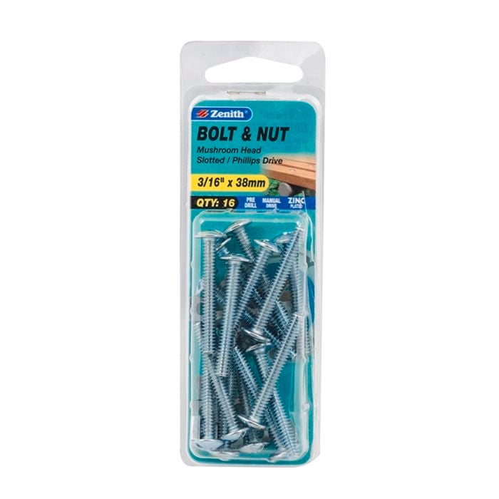Zenith 3/16" x 38mm Zinc Plated Mushroom Head Bolt And Nut - 16 Pack