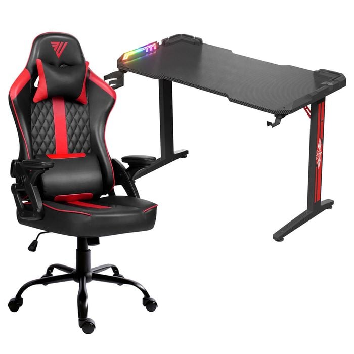Advwin 120cm Black Gaming Desk Rgb Led Light & Gaming Chair Black & Red