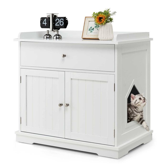 Costway 4-in-1 Wood Side Table Nightstand Cat Litter Cabinet Enclosure Pet Furniture