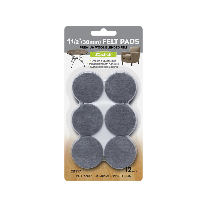 Slipstick 38mm Grey Round Premium Wool Blended Floor Protection Felt Pads - 12 Pack