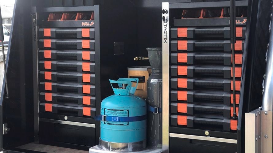 Tactix Van storage utility cabinet  fitted onto the back of an eletrician van.