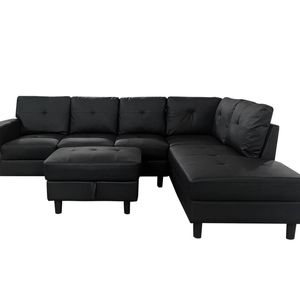 Loriece PU Leather Sofa with Ottoman - Black