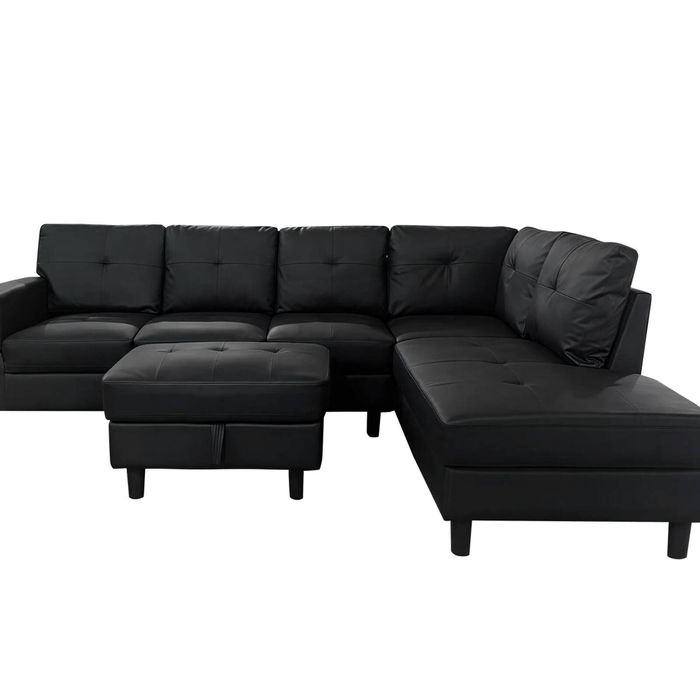 Loriece PU Leather Sofa with Ottoman - Black