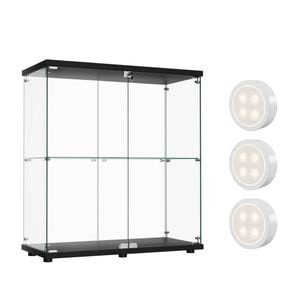 Stacked Display Cabinet 2-Tier Doubel Glass Doors Black with LED Lights