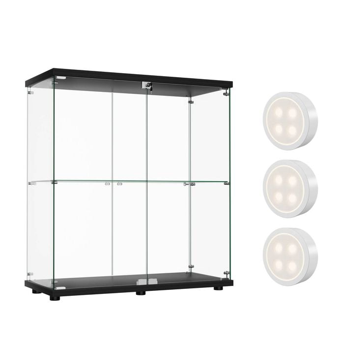 Stacked Display Cabinet 2-Tier Doubel Glass Doors Black with LED Lights