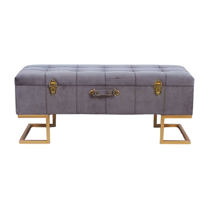 P&P Sophisticated Grey Velvet Storage Ottoman with Gold Iron Base 105x40x42cm