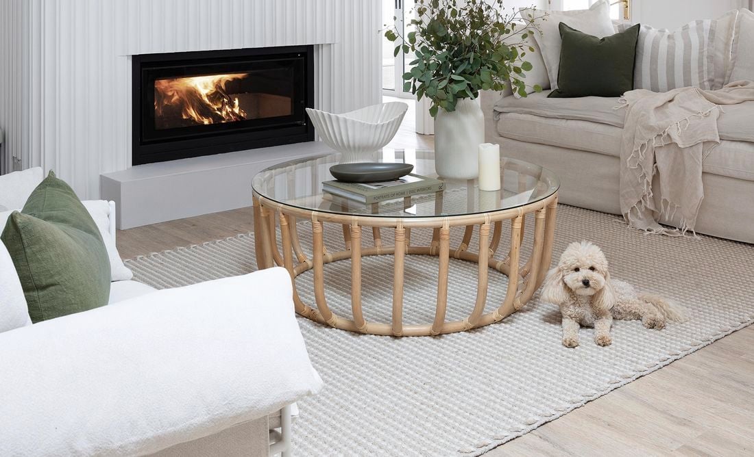 Living space with white furniture, white walls, dog sitting down on a rug and a fireplace.