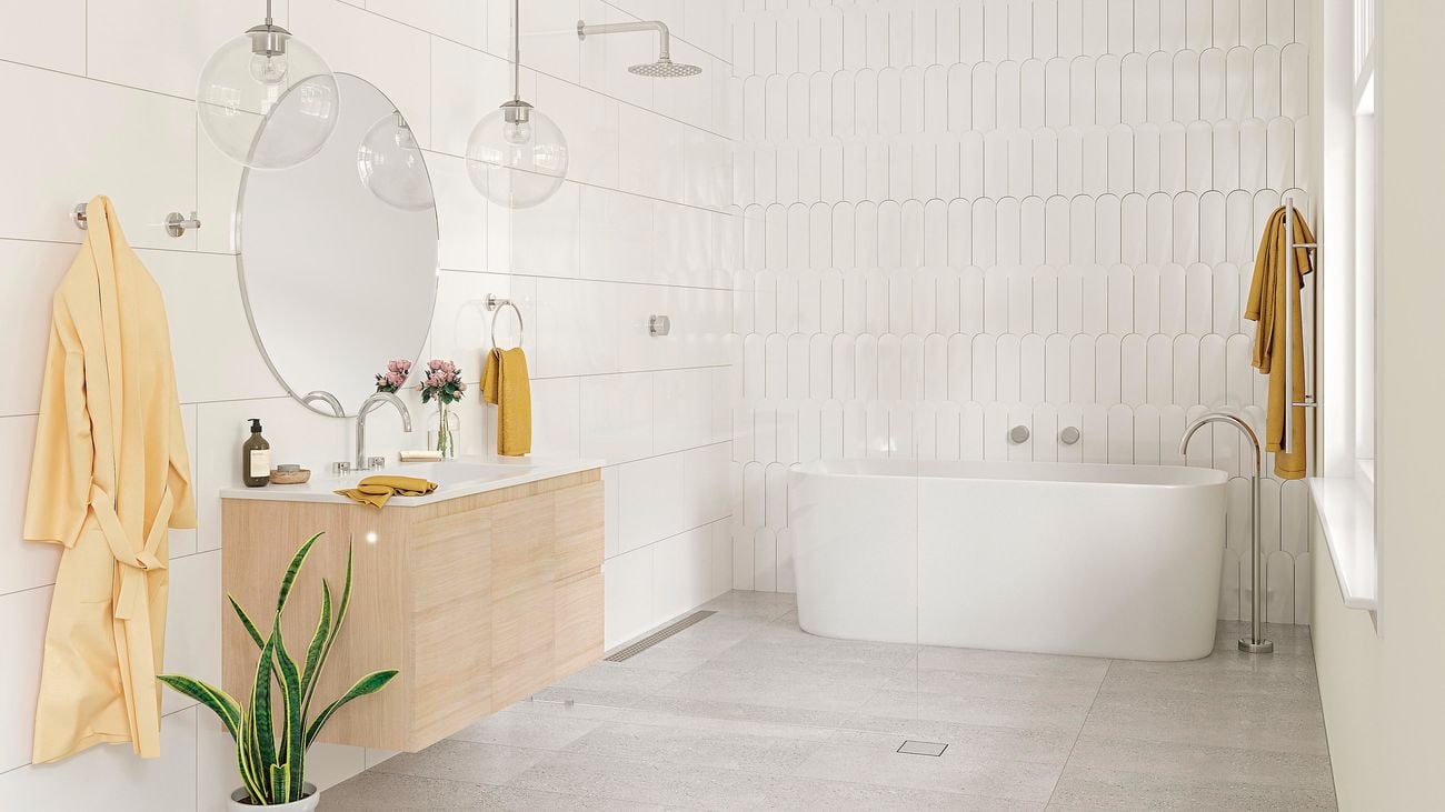 A white bathroom featuring a mosaic feature wall, timber vanity and chrome bathroom fittings